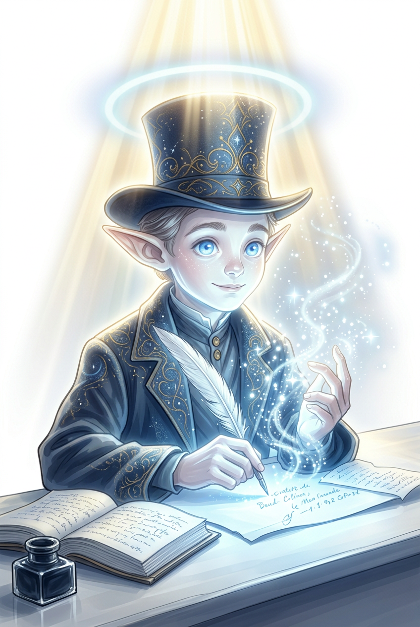 Academic magic elf at his writing desk — illustration