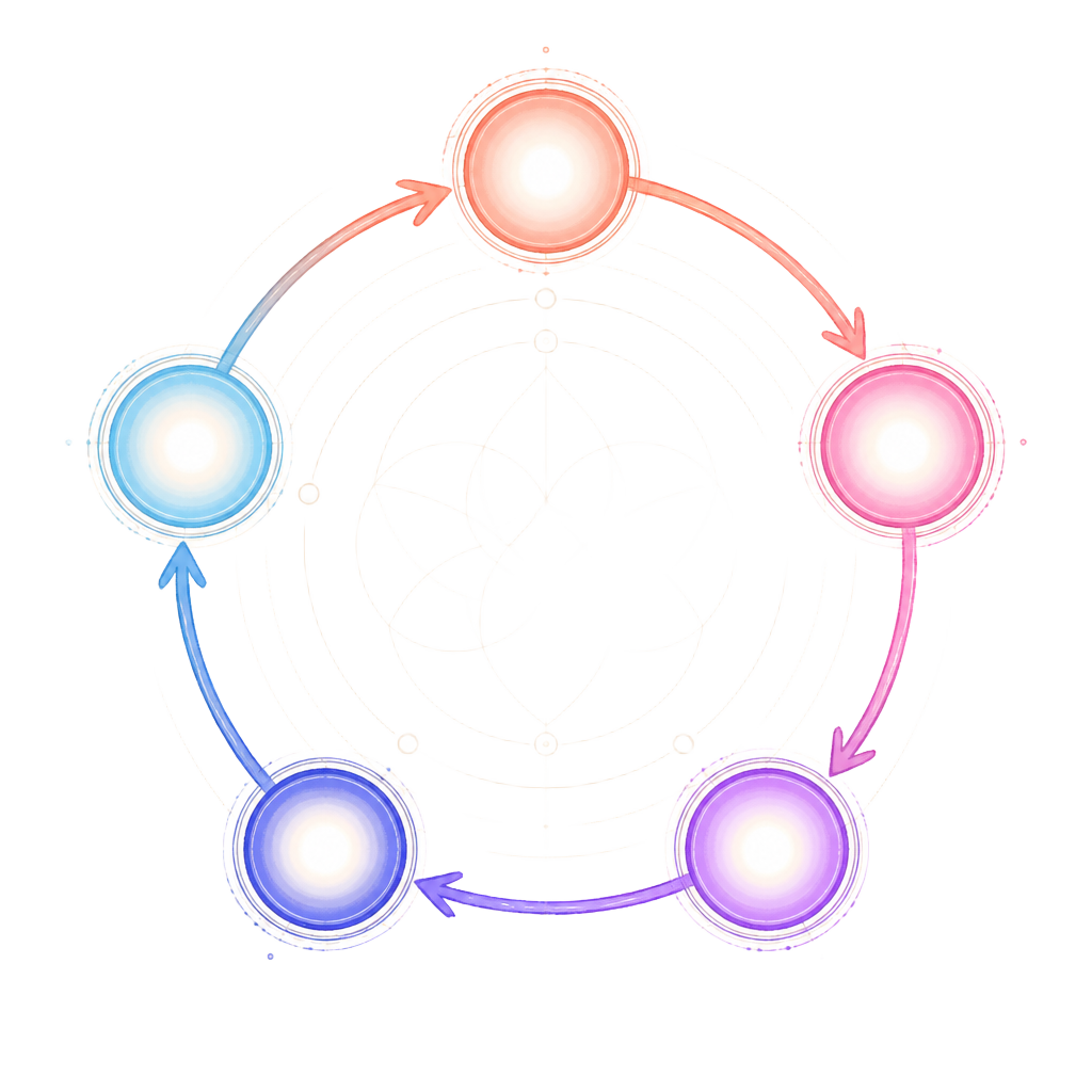 A circular flywheel diagram showing five stages of consciousness research reinforcing each other.