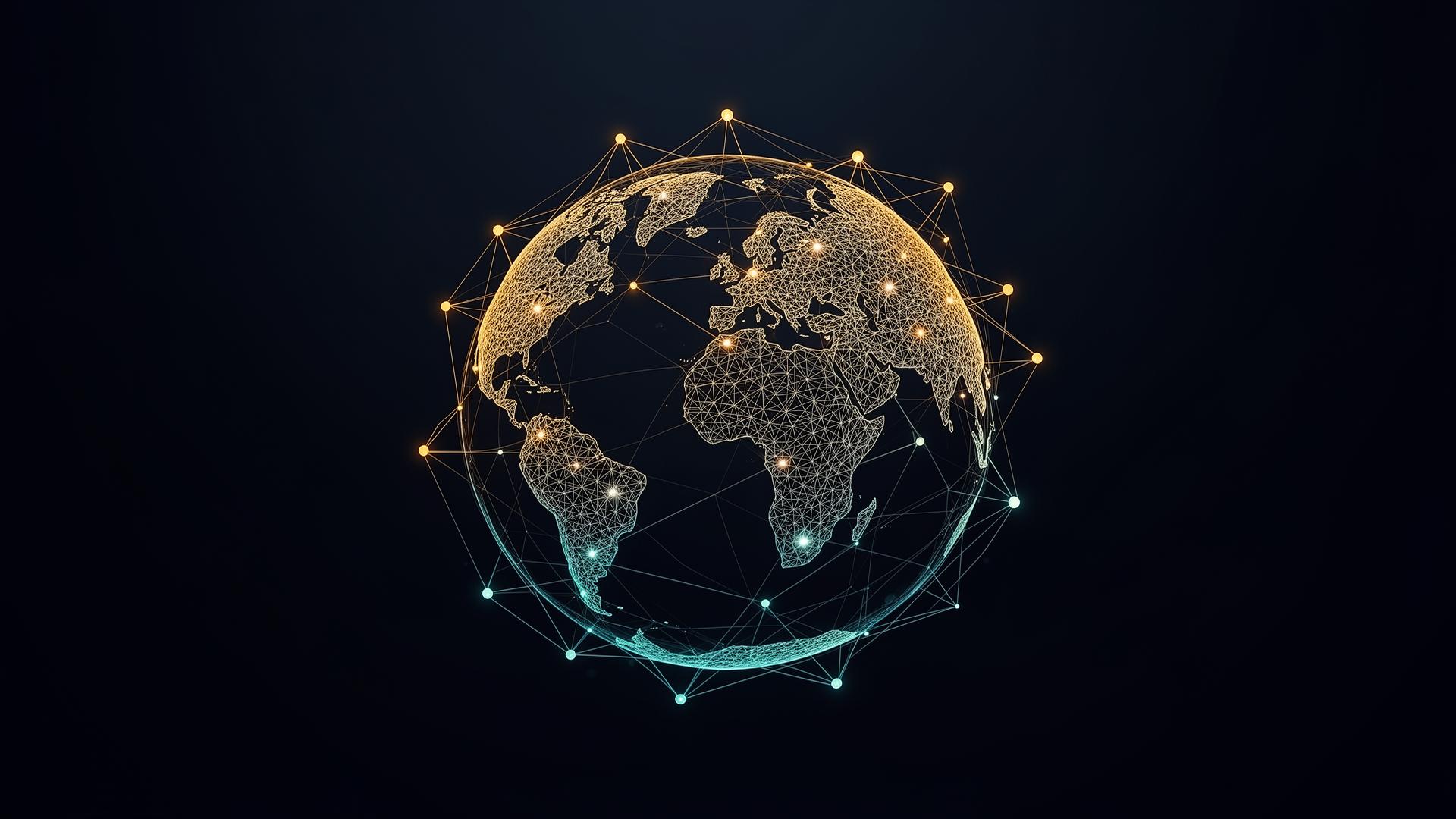 A wireframe globe surrounded by glowing nodes and geodesic connections, representing the Noetic Archive as shared global research infrastructure.
